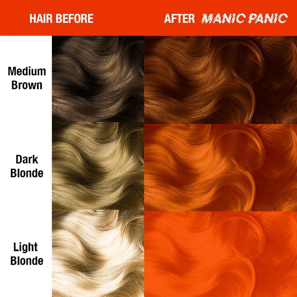 Psychedelic Sunset™ - Classic High Voltage® - Tish & Snooky's Manic Panic, orange, bright orange, red orange, fire orange, fiery orange, pumpkin orange, semi permanent hair dye, hair color, hair level chart, swatch sheet