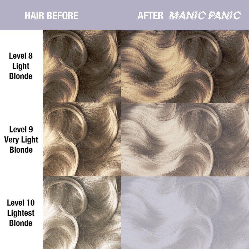Silver Stiletto® (Toner) - Classic High Voltage®, silver, white, icey, icy, steel grey, steel grey, grey, gray, white, cool grey, cool gray, purple based silver, purple toned silver, semi permanent hair color, hair dye, hair level chart, shade sheet